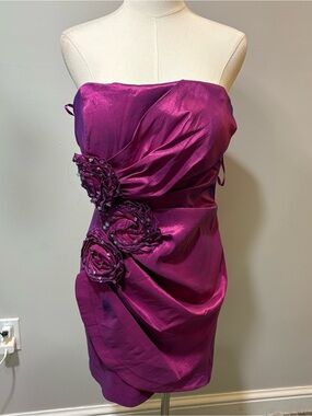 Y2K‎ Purple Iridescent Strapless Mini Dress Sz XL Ruched appliqué Prom